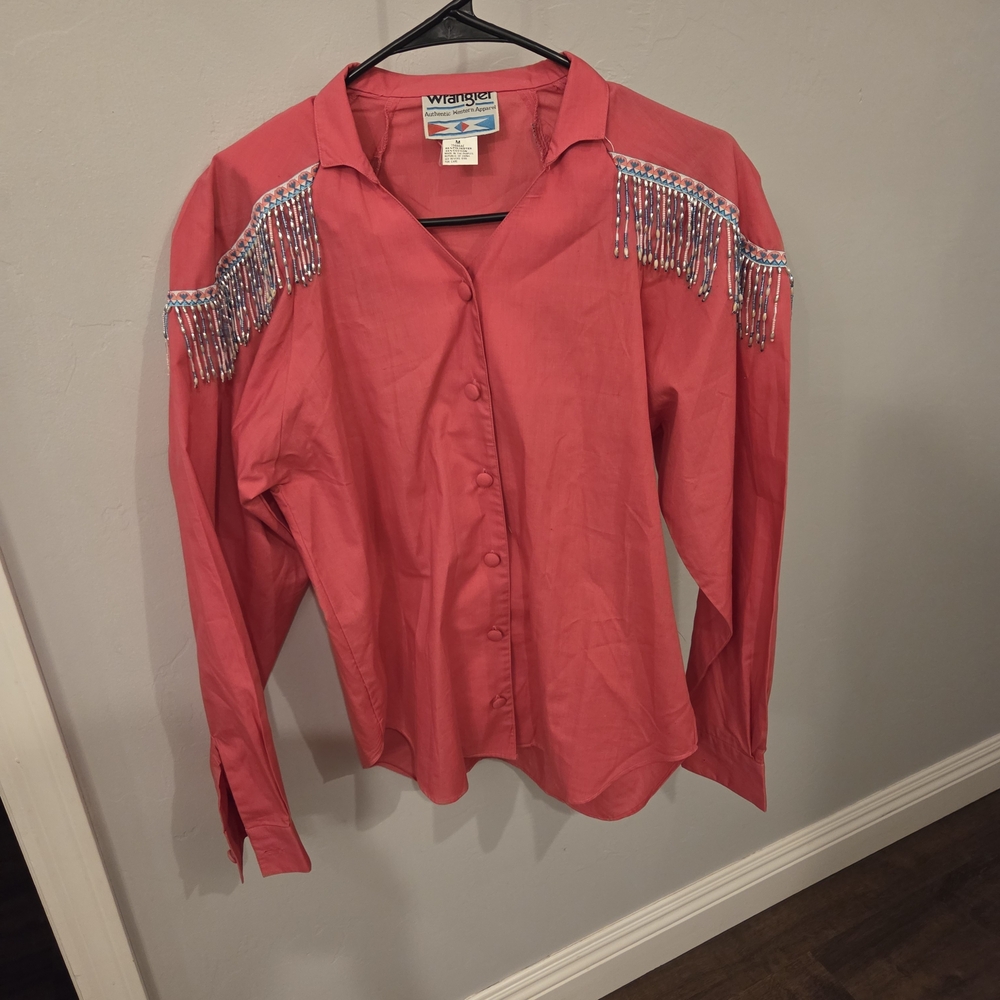 vintage red Wrangler Western-style shirt featuring beaded fringe on the shoulder